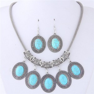 Artificial Turquoise Inlaid Oval-shaped Pendants Vintage Cloud Engraving Fashion Necklace and Earrings Set - Teal