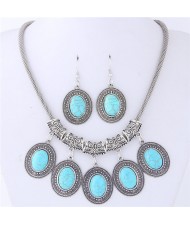 Artificial Turquoise Inlaid Oval-shaped Pendants Vintage Cloud Engraving Fashion Necklace and Earrings Set - Teal