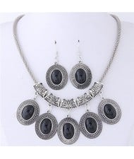 Artificial Turquoise Inlaid Oval-shaped Pendants Vintage Cloud Engraving Fashion Necklace and Earrings Set - Black