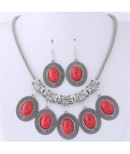 Artificial Turquoise Inlaid Oval-shaped Pendants Vintage Cloud Engraving Fashion Necklace and Earrings Set - Red