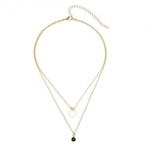 Square and Gem Pendants Dual Layers Chain Fashion Necklace