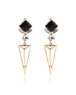 Dimensional Square Gem Inlaid Hollow Golden Triangle Pendant Design Alloy Stud Earrings