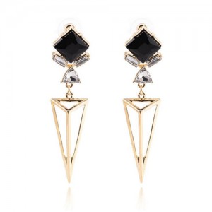 Dimensional Square Gem Inlaid Hollow Golden Triangle Pendant Design Alloy Stud Earrings