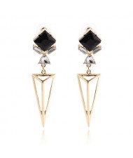 Dimensional Square Gem Inlaid Hollow Golden Triangle Pendant Design Alloy Stud Earrings