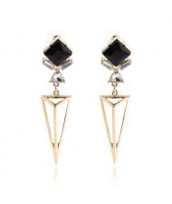 Dimensional Square Gem Inlaid Hollow Golden Triangle Pendant Design Alloy Stud Earrings