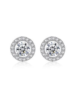 AAA Level Cubic Zirconia Inlaid with Shining Rhinestone Rimmed Round Shape 925 Sterling Silver Stud Earrings