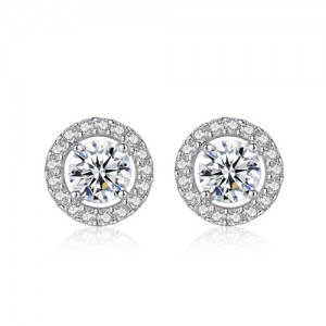 AAA Level Cubic Zirconia Inlaid with Shining Rhinestone Rimmed Round Shape 925 Sterling Silver Stud Earrings