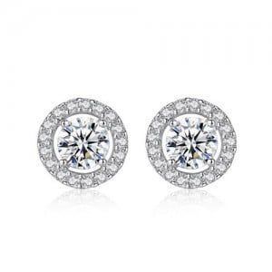 AAA Level Cubic Zirconia Inlaid with Shining Rhinestone Rimmed Round Shape 925 Sterling Silver Stud Earrings