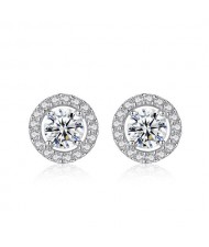 AAA Level Cubic Zirconia Inlaid with Shining Rhinestone Rimmed Round Shape 925 Sterling Silver Stud Earrings