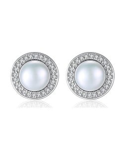 3 Colors Available Rhinestone Rimmed Natural Pearl Inlaid Round Shape 925 Sterling Silver Stud Earrings