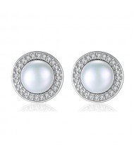 3 Colors Available Rhinestone Rimmed Natural Pearl Inlaid Round Shape 925 Sterling Silver Stud Earrings