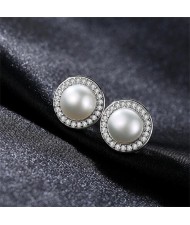 3 Colors Available Rhinestone Rimmed Natural Pearl Inlaid Round Shape 925 Sterling Silver Stud Earrings