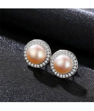 3 Colors Available Rhinestone Rimmed Natural Pearl Inlaid Round Shape 925 Sterling Silver Stud Earrings