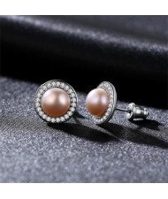 3 Colors Available Rhinestone Rimmed Natural Pearl Inlaid Round Shape 925 Sterling Silver Stud Earrings