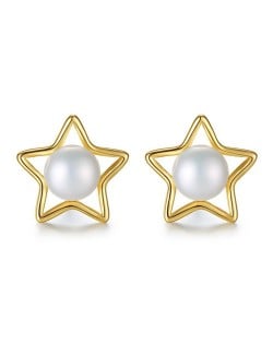 Natural Pearl Inlaid Golden Plated Star Design 925 Sterling Silver Stud Earrings