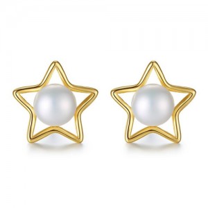 Natural Pearl Inlaid Golden Plated Star Design 925 Sterling Silver Stud Earrings