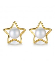 Natural Pearl Inlaid Golden Plated Star Design 925 Sterling Silver Stud Earrings