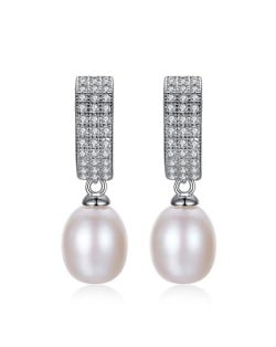 Starry Rhinestone with Dangling Pearl Design 925 Sterling Silver Stud Earrings