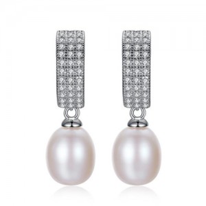 Starry Rhinestone with Dangling Pearl Design 925 Sterling Silver Stud Earrings
