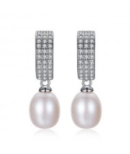 Starry Rhinestone with Dangling Pearl Design 925 Sterling Silver Stud Earrings