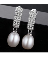 Starry Rhinestone with Dangling Pearl Design 925 Sterling Silver Stud Earrings