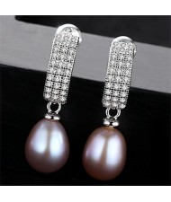 Starry Rhinestone with Dangling Pearl Design 925 Sterling Silver Stud Earrings