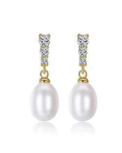 Triple Rhinestones Embellished Dangling Natural Pearl Gold Plating 925 Sterling Silver Stud Earrings