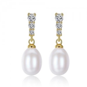 Triple Rhinestones Embellished Dangling Natural Pearl Gold Plating 925 Sterling Silver Stud Earrings