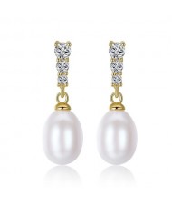 Triple Rhinestones Embellished Dangling Natural Pearl Gold Plating 925 Sterling Silver Stud Earrings