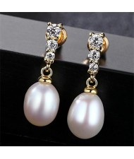 Triple Rhinestones Embellished Dangling Natural Pearl Gold Plating 925 Sterling Silver Stud Earrings