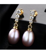 Triple Rhinestones Embellished Dangling Natural Pearl Gold Plating 925 Sterling Silver Stud Earrings