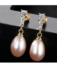 Triple Rhinestones Embellished Dangling Natural Pearl Gold Plating 925 Sterling Silver Stud Earrings