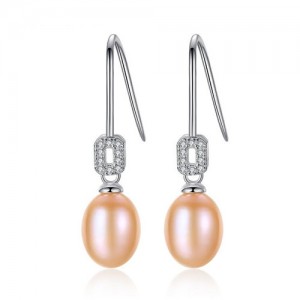 Rhinestone Embellished Square with Dangling Pearl Design 925 Sterling Silver Earrings