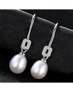 Rhinestone Embellished Square with Dangling Pearl Design 925 Sterling Silver Earrings