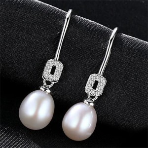 Rhinestone Embellished Square with Dangling Pearl Design 925 Sterling Silver Earrings