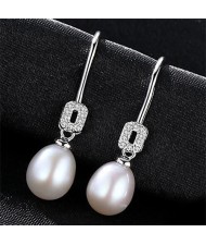 Rhinestone Embellished Square with Dangling Pearl Design 925 Sterling Silver Earrings