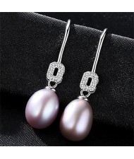 Rhinestone Embellished Square with Dangling Pearl Design 925 Sterling Silver Earrings