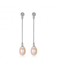 Rhinestone Inlaid Dangling Natural Pearl Fair Lady Style 925 Sterling Silver Earrings