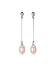 Rhinestone Inlaid Dangling Natural Pearl Fair Lady Style 925 Sterling Silver Earrings