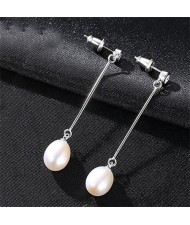 Rhinestone Inlaid Dangling Natural Pearl Fair Lady Style 925 Sterling Silver Earrings