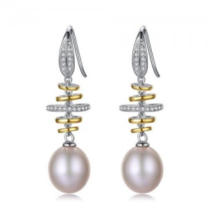 Luxurious Rings Decorated Dangling Natural Pearl Design 925 Sterling Silver Earrings