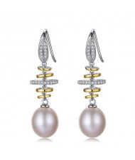 Luxurious Rings Decorated Dangling Natural Pearl Design 925 Sterling Silver Earrings