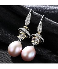 Luxurious Rings Decorated Dangling Natural Pearl Design 925 Sterling Silver Earrings