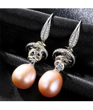 Luxurious Rings Decorated Dangling Natural Pearl Design 925 Sterling Silver Earrings