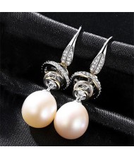 Luxurious Rings Decorated Dangling Natural Pearl Design 925 Sterling Silver Earrings