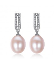 AAA Level Cubic Zirconia Embellished Dangling Pearl 925 Sterling Silver Earrings