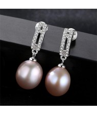 AAA Level Cubic Zirconia Embellished Dangling Pearl 925 Sterling Silver Earrings