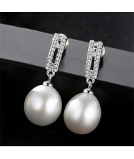 AAA Level Cubic Zirconia Embellished Dangling Pearl 925 Sterling Silver Earrings