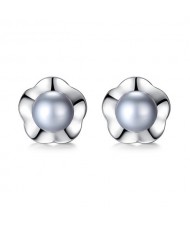 2 Colors Available Natural Pearl Inlaid Flower Design 925 Sterling Silver Stud Earrings