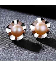 2 Colors Available Natural Pearl Inlaid Flower Design 925 Sterling Silver Stud Earrings